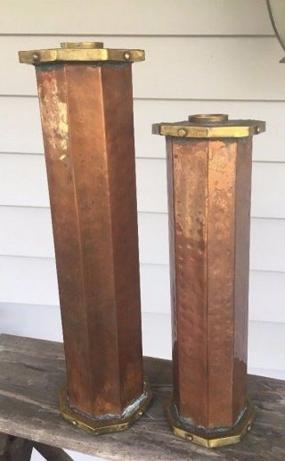 2 Vintage Hammered Copper Brass Candlesticks Candle Holders Octagonal Arts Craft