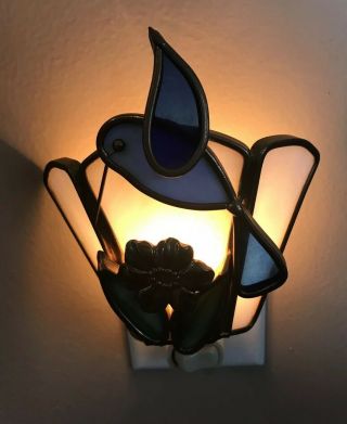 Vintage Hummingbird & Flower Brass & Stained Glass Night Light