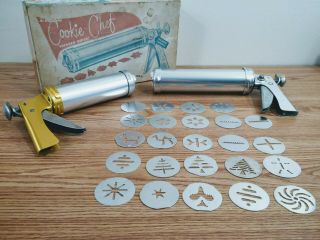 Two Vintage Cookie Chef Trigger - Quick Mid Century Cookie Presses And 24 Disks