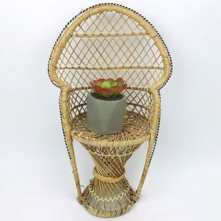 Vtg Wicker Rattan Mini 16” Chair Boho Peacock Doll Plant Stand Mcm Decor