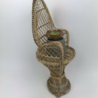 VTG Wicker Rattan Mini 16” Chair Boho Peacock Doll Plant Stand MCM Decor 4