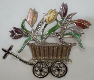 Vintage Art Deco 835 Fine Silver Enamel Marcasite Flower Wagon Pin
