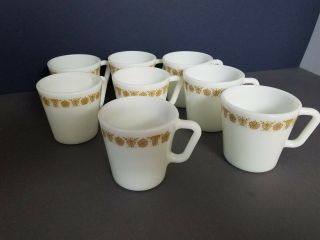 VINTAGE PYREX BUTTERFLY GOLD COFFEE MUGS / CUPS D HANDLE CORNING CORELLE SET OF 2