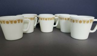 VINTAGE PYREX BUTTERFLY GOLD COFFEE MUGS / CUPS D HANDLE CORNING CORELLE SET OF 5