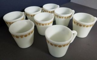 VINTAGE PYREX BUTTERFLY GOLD COFFEE MUGS / CUPS D HANDLE CORNING CORELLE SET OF 8