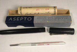 1939 Vintage Bd Asepto Glass Medical Fever Thermometer W/box Certified Cover