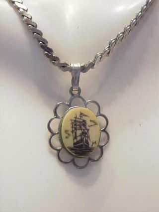 Vintage SCRIMSHAW Pendant Necklace Tall Ship Sail Boat Silver T 1 x 3/4 Dainty 2