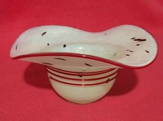 Vintage Murano Hat Vase - Hand Blown Glass Off - White W/red Trim & Black Specks