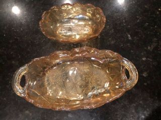 2 Vintage Iridescent Orange Carnival Glass Floral Candy Dish Or Relish Dish