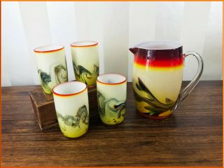 Vintage Murano Art Glass Pitcher Jug Glasses Set Cased Sommerso Lemonade Water