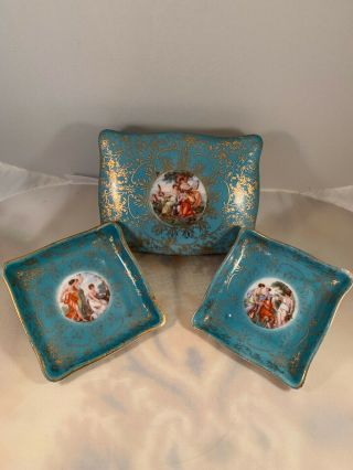 Vintage Blue & Gold M & R Hand Painted Porcelain Trinket Jewelry Box & Two Trays