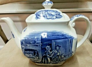 Vintage Liberty Blue Minute Men 6 Cup Teapot & Lid Historic Colonial Scenes