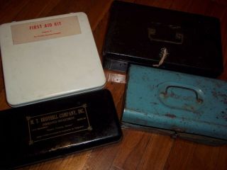 4 Vintage Old Metal Boxes Lock Cash Box First Aid Kit Traveller Insurance