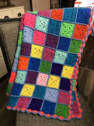 Vintage Granny Squares Crochet Afghan Throw Blanket 77x37 Handmade Bright Colors