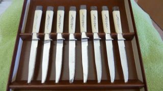 Regent Sheffield England Steak Knife Set Of 8 White Handle Serrated Vintage