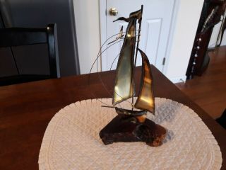 Vintage Burl Wood Brass Sailboat Sculpture,  Nautical Decor