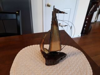 Vintage Burl Wood Brass Sailboat Sculpture,  Nautical Decor 2