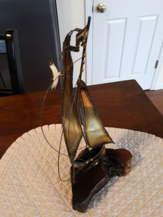 Vintage Burl Wood Brass Sailboat Sculpture,  Nautical Decor 3