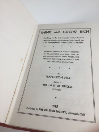 Think and Grow Rich By Napoleon Hill 1945 ed.  Classic Business Leadership Book 6