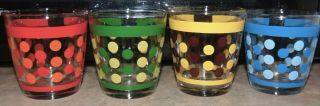 4 Different Color Vtg Sour Cream Glasses Polka Dot Stripe 1/2 Pint