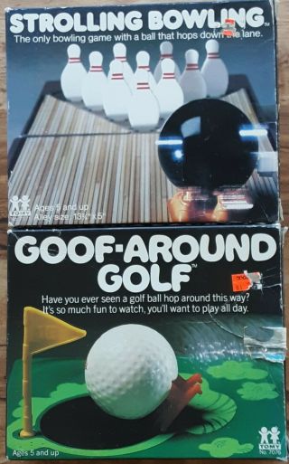 Vintage Tomy Strolling Bowling & Goof Around Golf Games In Boxes.