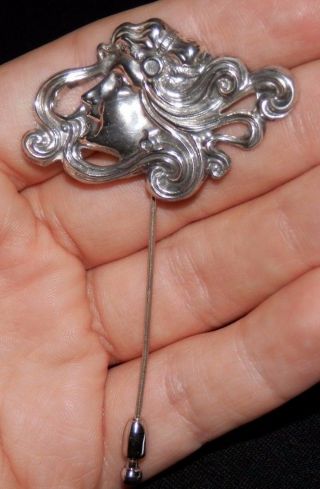 Vintage Art Nouveau Sterling Silver Stick Hat Pin Lady Woman Profile Cameo Head