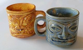 Pair 2 Vintage Ceramic/pottery 3 " Tiki Mugs Kustom Hot Rod Polynesian Idol Retro
