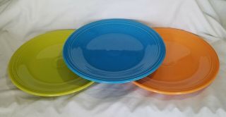 Set 3 Vintage Fiestaware Homer Laughlin 10 1/2 " Dinner Plates Blue Orange Green