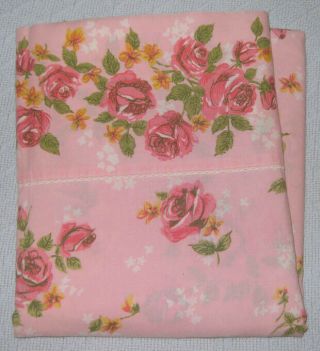 Vintage Cannon Monticello Twin Flat Sheet Pink American Beauty Rose Eyelet Trim