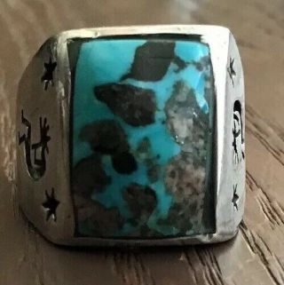 Vintage Old 1970’s Zuni Kokopelli Sterling Turquoise Ring Size 9.  5