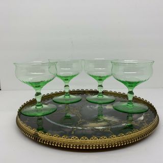 Vtg Green Glass Dessert Cups Champagne Glasses Vaseline/uranium 40s Set 4 Swirl