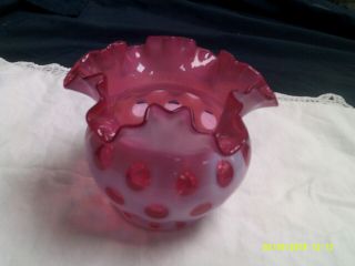 Vintage Fenton Coinspot Glass Pink Overlay & Wite Vase - Ruffled Rim 2