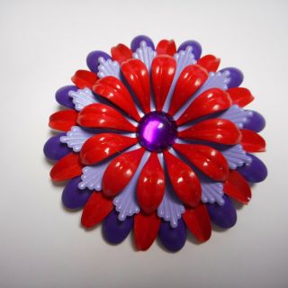 Wow Vintage Enamel Flower Pin / Brooch Purple And Red Fantastic