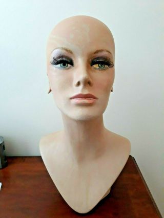 Vintage Mannequin Head Bust,  Female,  Makeup,  Wig,  Theater 17 1/2 " Tall