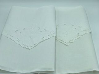Pair Vintage Pillow Shams,  Envelope Style,  Cutwork White Cotton - 30 X 20