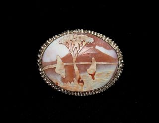 Vintage Sterling Silver Carved Shell Cameo Lake,  Tree,  Mountain Scene Brooch