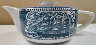 Vintage Royal China Blue Currier & Ives Teapot Sailing Ships And Lighthouse