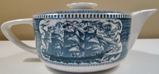 Vintage Royal China blue Currier & Ives teapot sailing ships and lighthouse 4