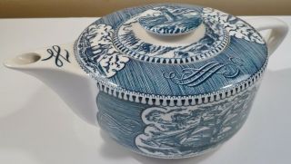 Vintage Royal China blue Currier & Ives teapot sailing ships and lighthouse 6
