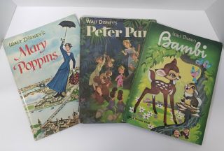 Walt Disney Trio Of Vintage Big Golden Books (mary Poppins,  Peter Pan,  Bambi)