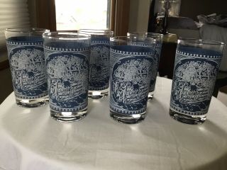 6 Vintage Currier And Ives White/blue Children At The Gate Scene Tumblers
