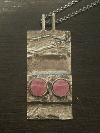 Vintage Native American Sterling Silver Pink Stone Pendant Necklace 925 Signed