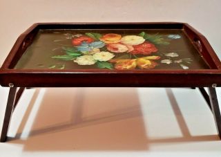 Vintage Wooden Serving Tray/table Hand Painted Floral Pattern 21l X 13w X 10h "