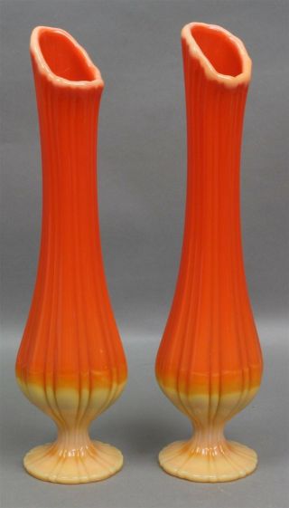 Vintage Pair Stylish Fluted Bright Orange Two - Tone Art Glass Vases 12 - 1/2 " Tall