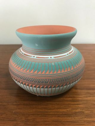 Vintage Navajo Etched Pottery Clay Vase Signed.  Valencia Charlie Native American