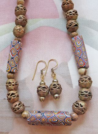 African Brass Bd,  Millefiori Vintage Trade Bd,  Gemstone Necklace,  Earrings 20 "