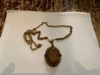 Vintage Large Amber Glass With Rhinestones Pendant Necklace West Germany