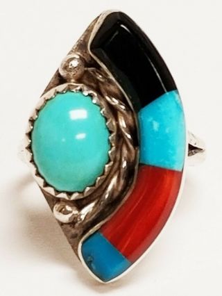 Vintage Native Zuni Sterling Silver Turquoise,  Coral & Black Onyx Inlay Ring 4.  5