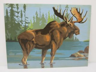 Vintage Pbn Paint By Number Painting Art Moose In Water 12x9 Lake River Tree