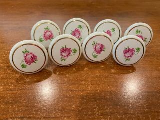 8 Vintage Pair Porcelain Cabinet Knobs Drawer Pulls Pink Rose And Gold Trim